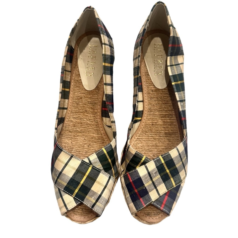 Ralph Lauren Red White Green Plaid Peep-Toe Espadrilles Summer Sandals Size 9